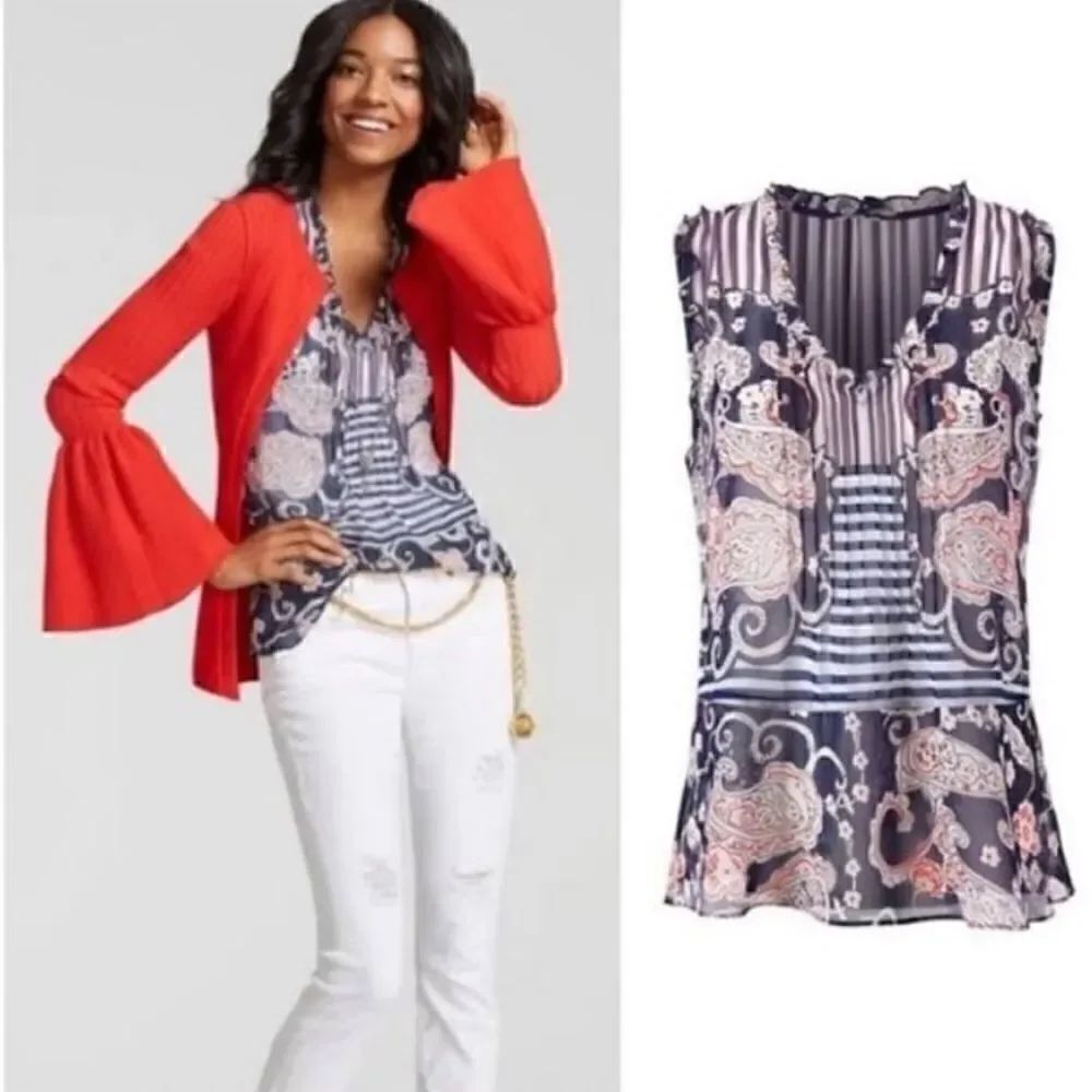 Cabi Floral Paisley Striped Peplum Sleeveless Blouse